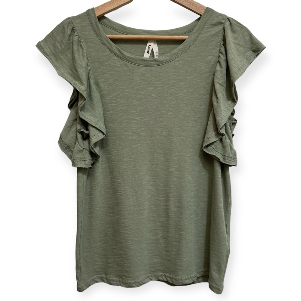 Pact 100% Organic Cotton Flutter Ruffle Sleeve Tee Blouse Top‎ XS